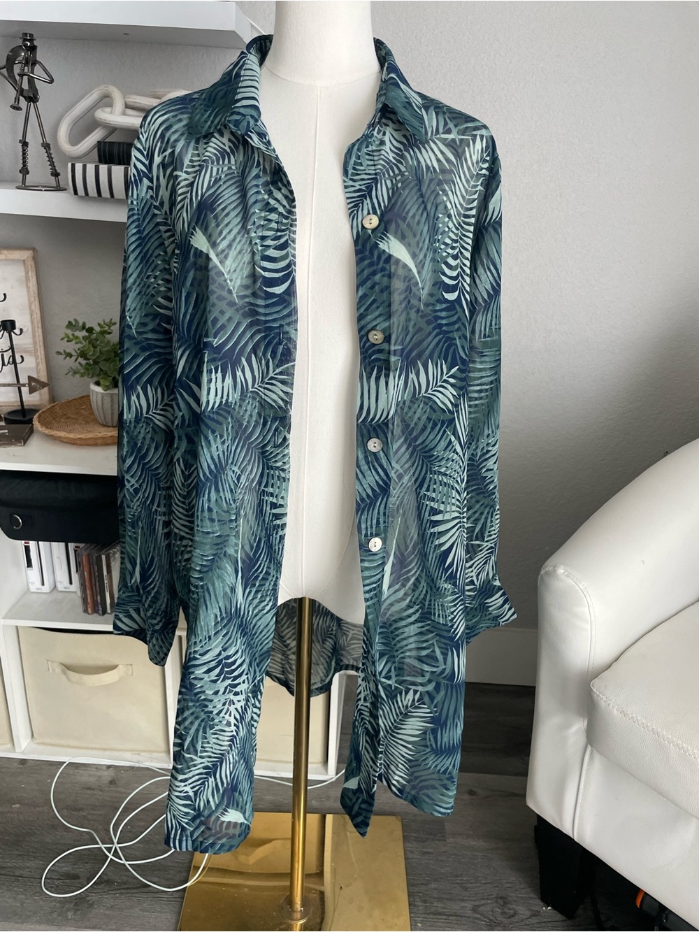Sheer Tropical Print Button-Up Shirt - Blue Green